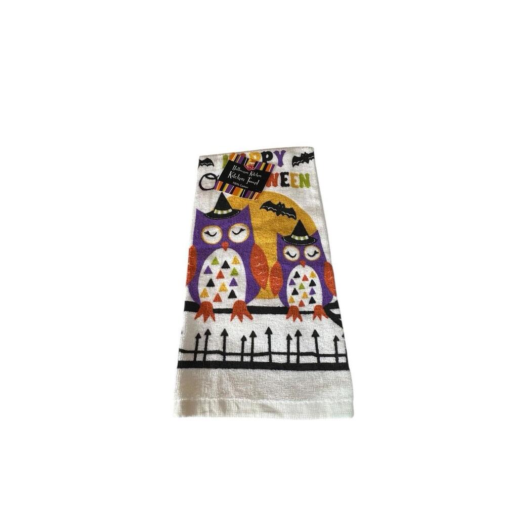 Ritz NWT Happy‎ Halloween Owl Kitchen Towel 100% Cotton Purple Bat Decor